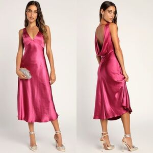 LULUS Incredible Love Magenta Satin Cowl Back Midi Slip Dress